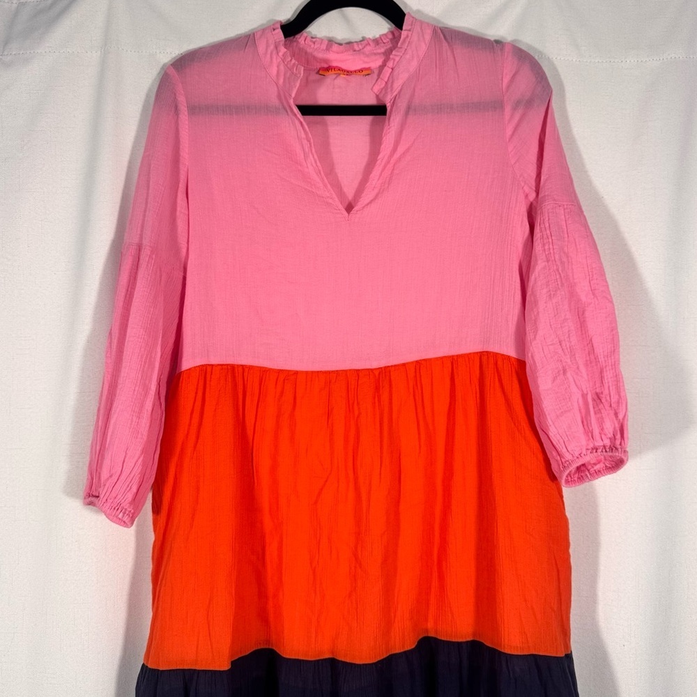 Vilagallo Vetammy Cotton Gauze 3-Tier Color Block Dress - Picture 3 of 6